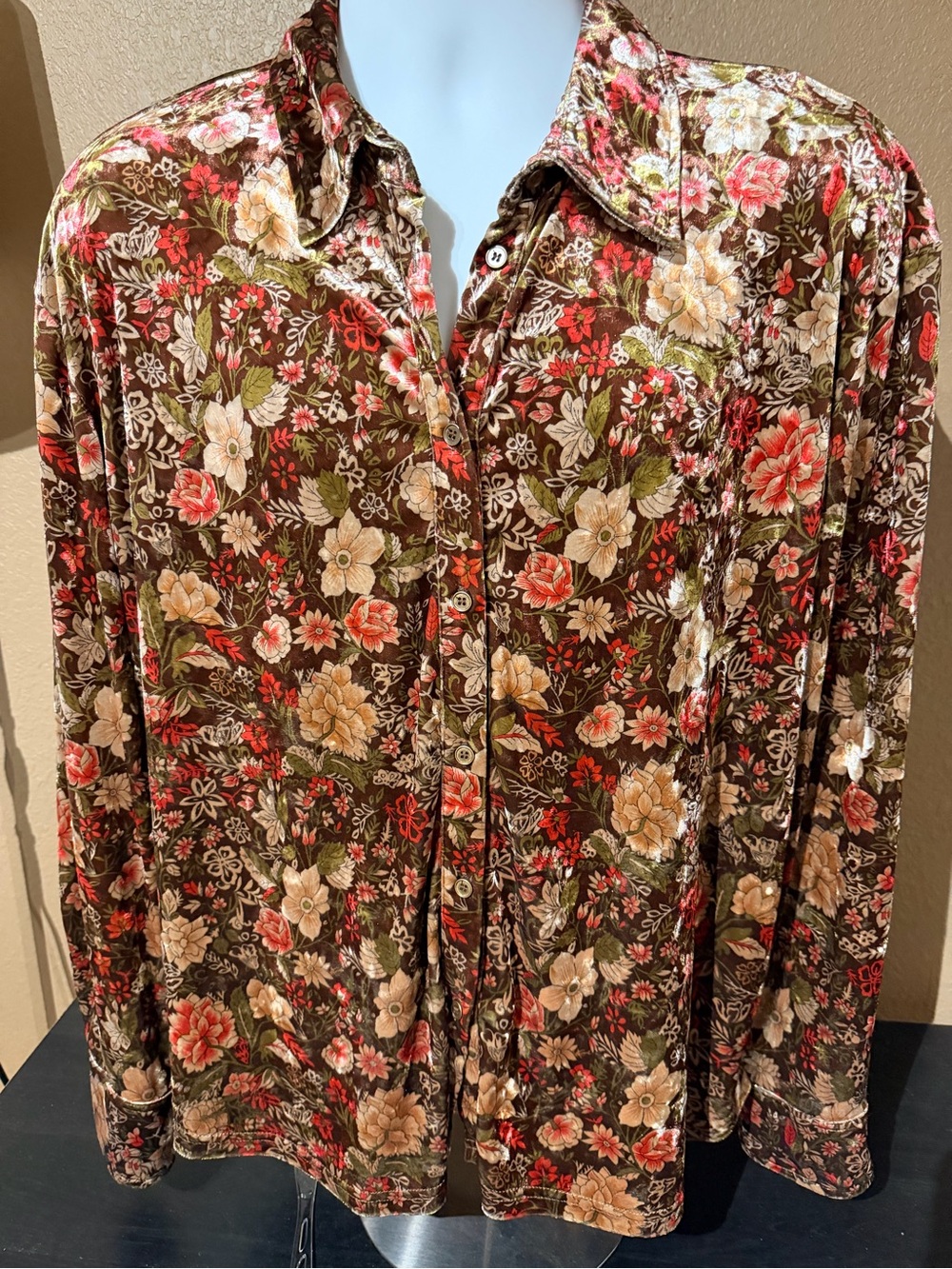 Floral Velvet Button-Down Shirt in Brown